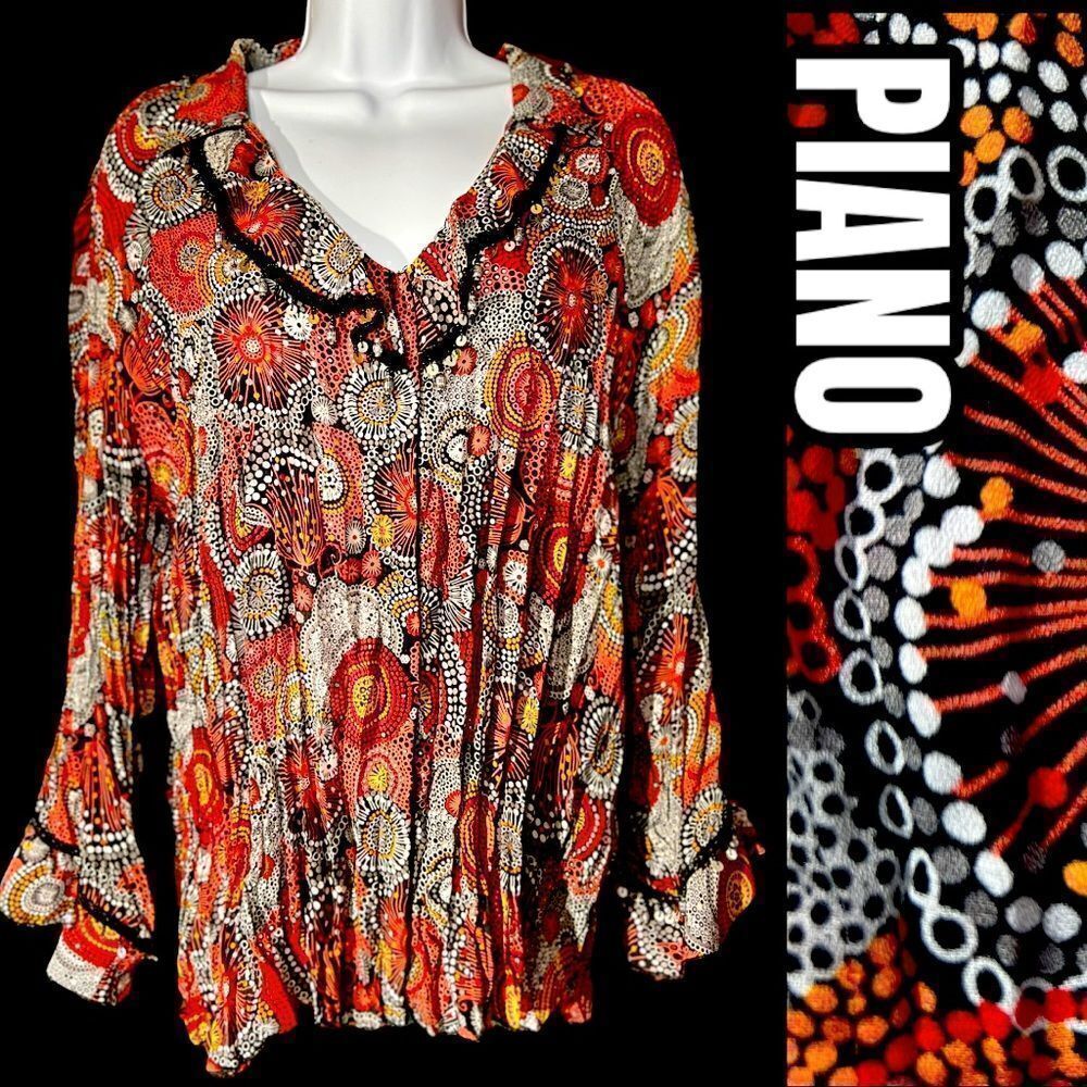 PIANO 1X Acordion Fold Blouse Multicolored Beaded Snap closed sheer